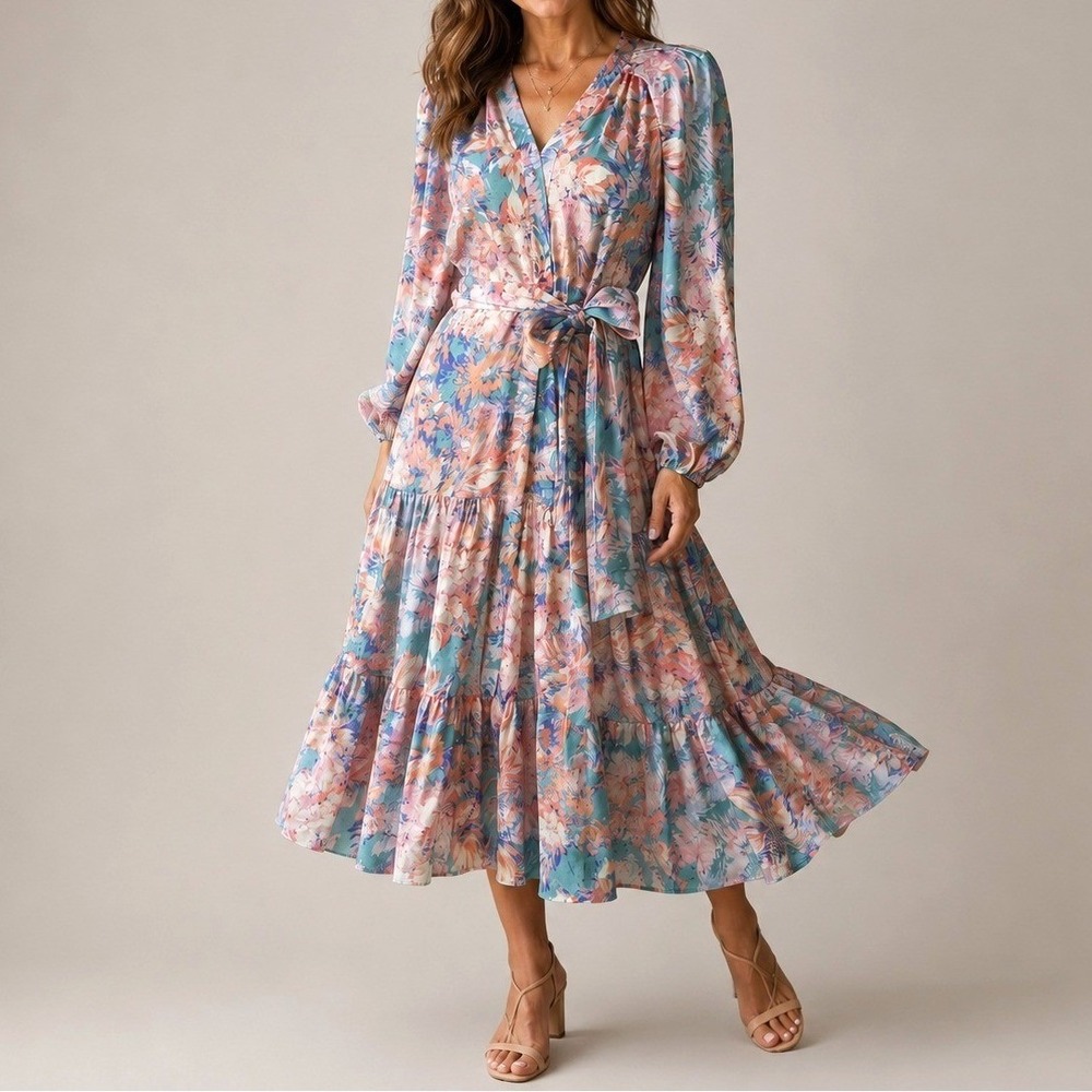 Kobi Halperin Linen Tencel Floral Wrap Midi Dress Size S Romantic Cottagecore